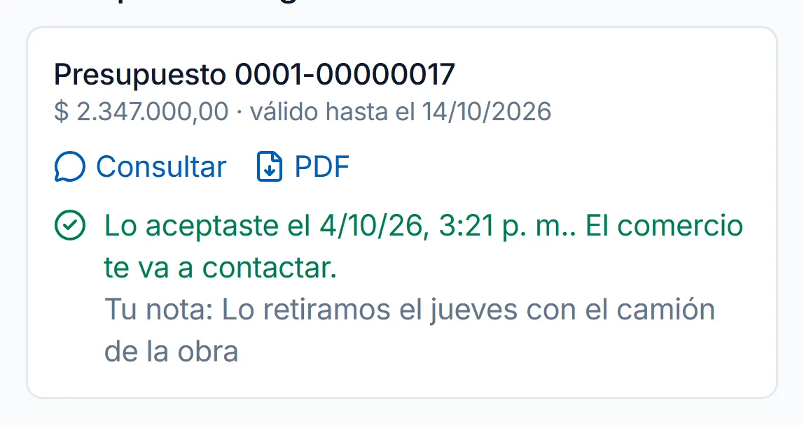 Portal del cliente: presupuesto aceptado con una nota para el comercio