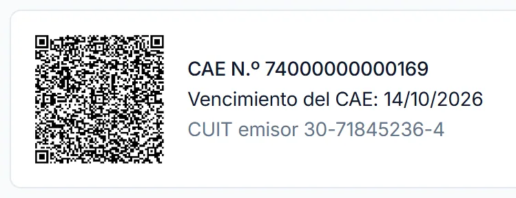 Detalle: CAE número 74000000000169 con su vencimiento y el QR