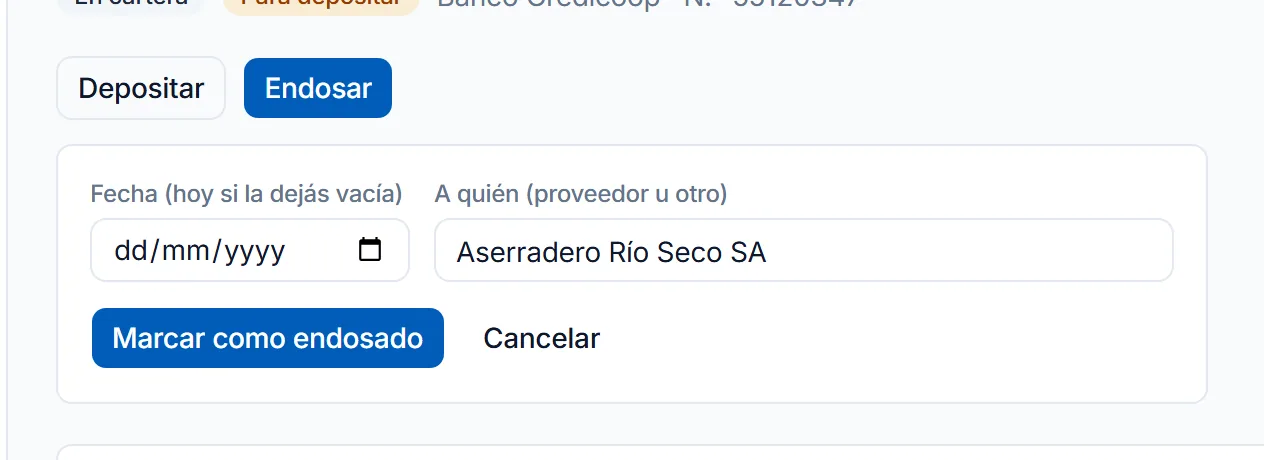 Formulario para endosar un cheque de la cartera a un proveedor