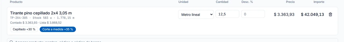 Renglón de venta: tirante pino cepillado 2x4, 12,5 metros lineales, corte a medida +35 %
