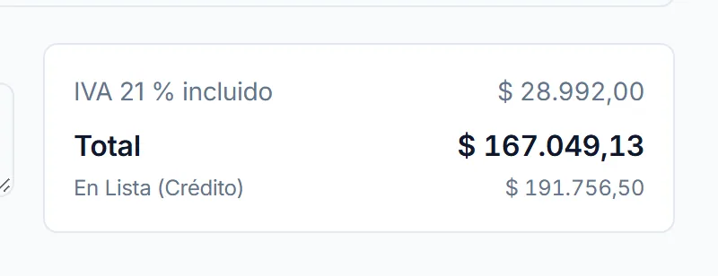 Total de una venta con IVA incluido y la lista de precios aplicada