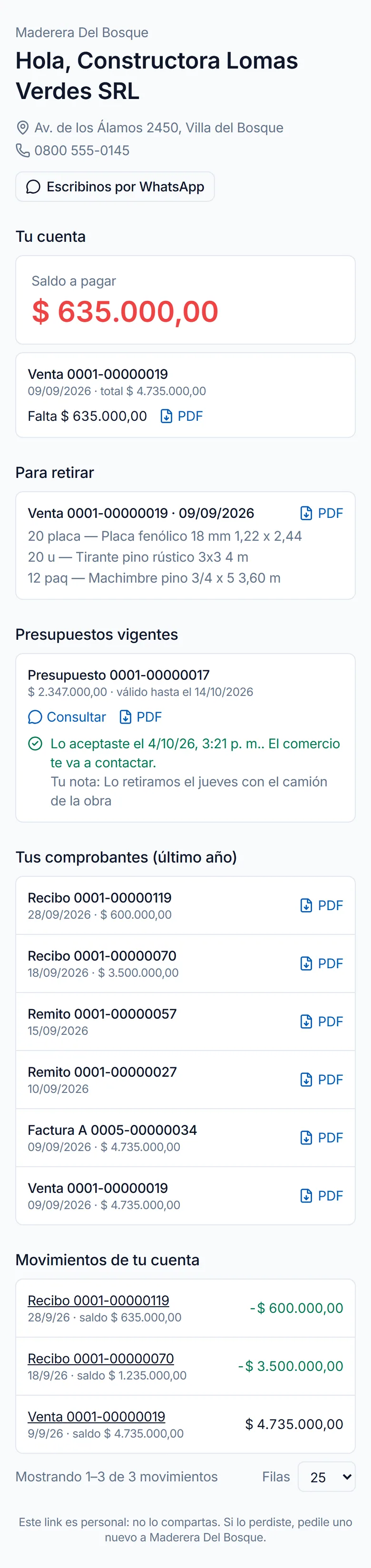 Portal del cliente en el celular: saldo, presupuestos para aceptar y comprobantes; la pantalla se desplaza sola