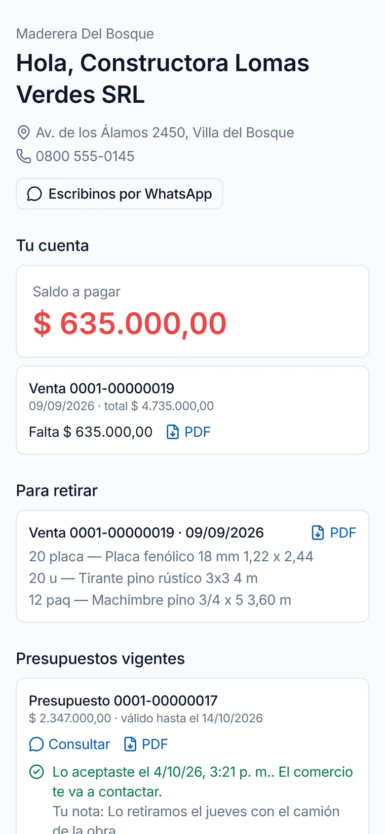 Portal del cliente en el celular: saldo, presupuestos para aceptar y comprobantes