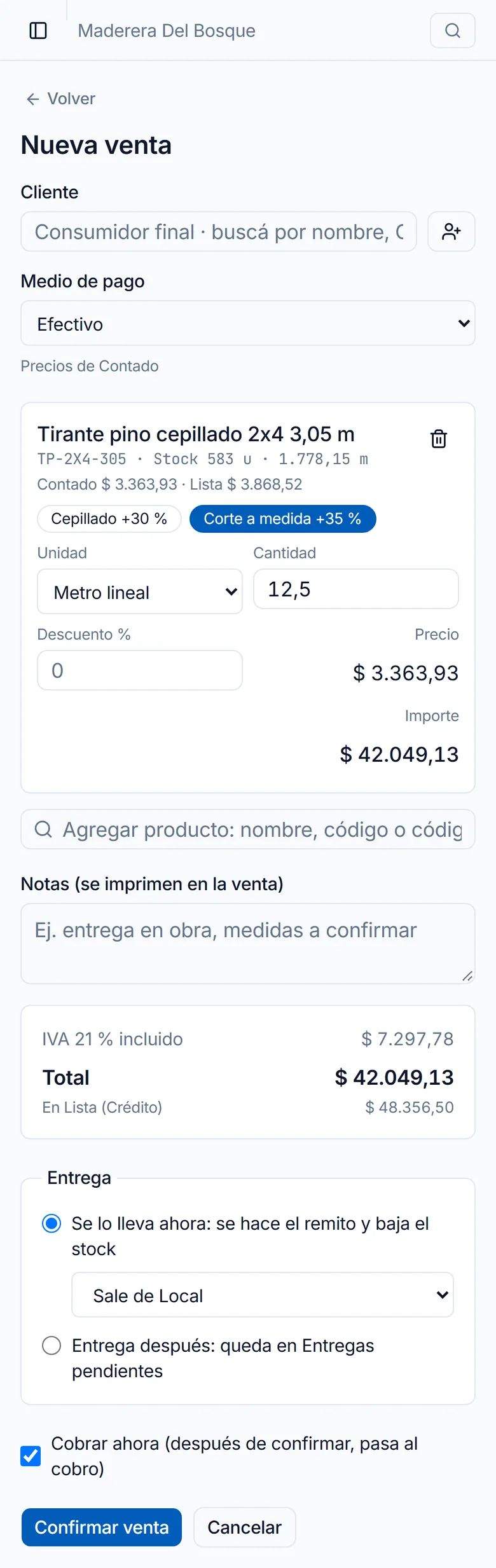 Nueva venta en el celular, con un tirante cargado por metro lineal; la pantalla se desplaza sola