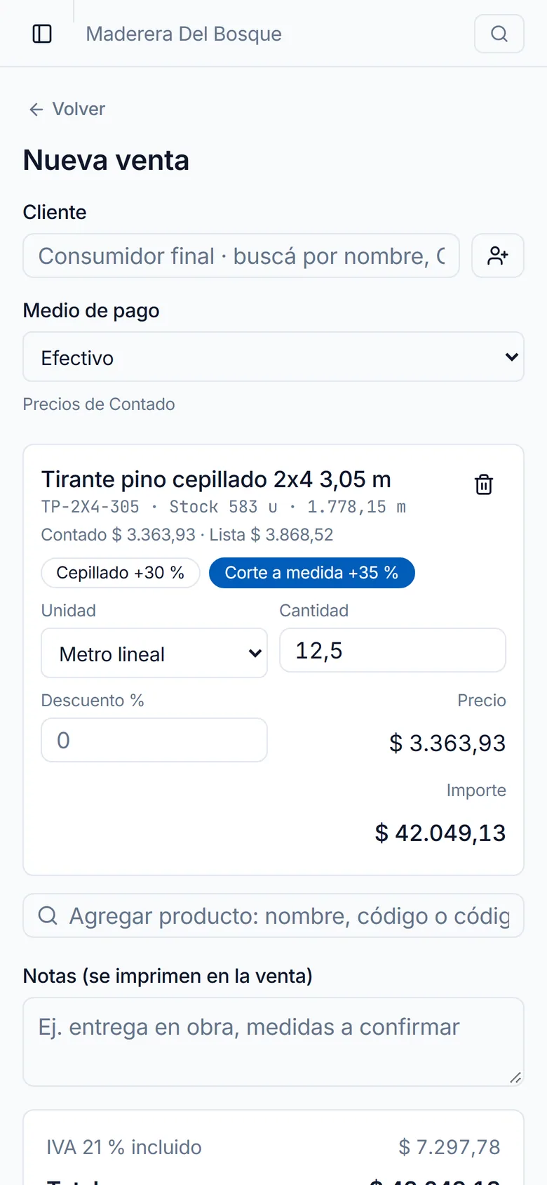 Nueva venta en el celular, con un tirante cargado por metro lineal